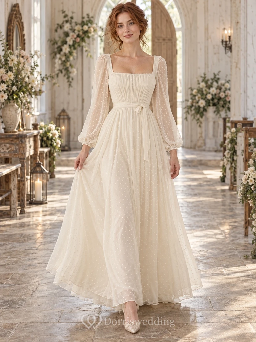 Robe de mariée vintage modeste à col carré et manches bouffantes longues à pois