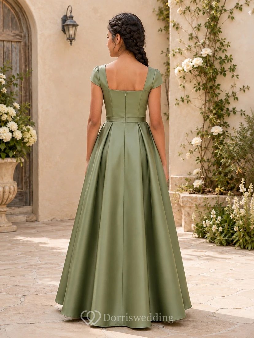 Celadonfarbenes Brautjungfernkleid für junge Mädchen, A-Linie, eckig, kurze Flügelärmel, elegant, aus Satin view 2