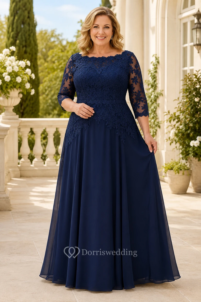 Dunkelblaues Chiffon-Kleid in A-Linie mit Spitzenärmeln in Übergröße – perfekt für Mütter