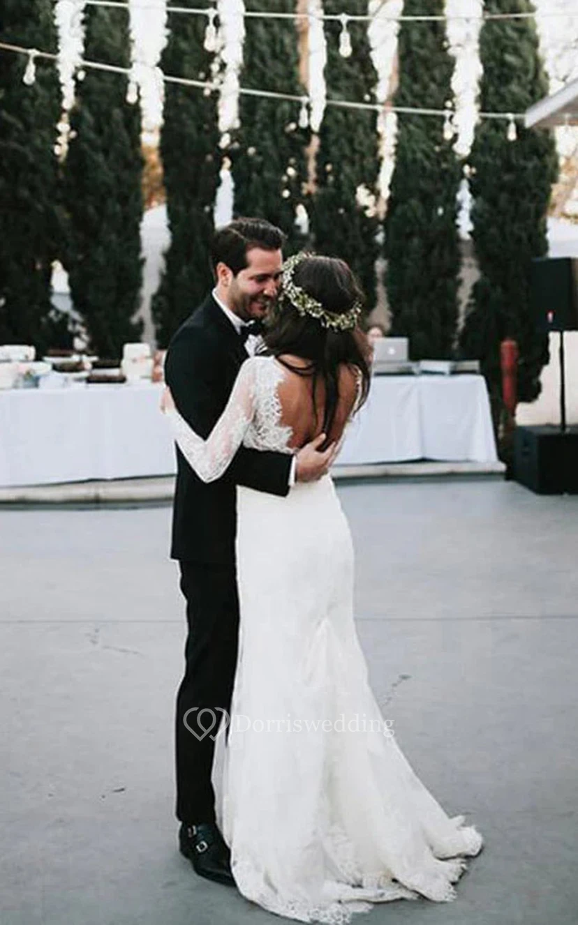 Long Sleeve Deep-v Back Lace Sheath Casual Outdoor Vintage Wedding Dress view 2
