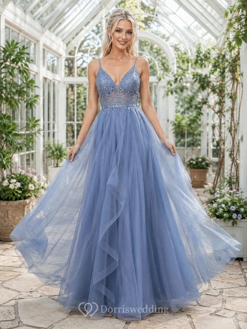 Vestido de gala sin mangas con escote en V y tirantes, de tul azul pizarra