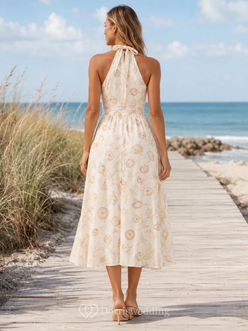 Neutral Seashell Halter Neck Beach Vacation Midi Dress view 2