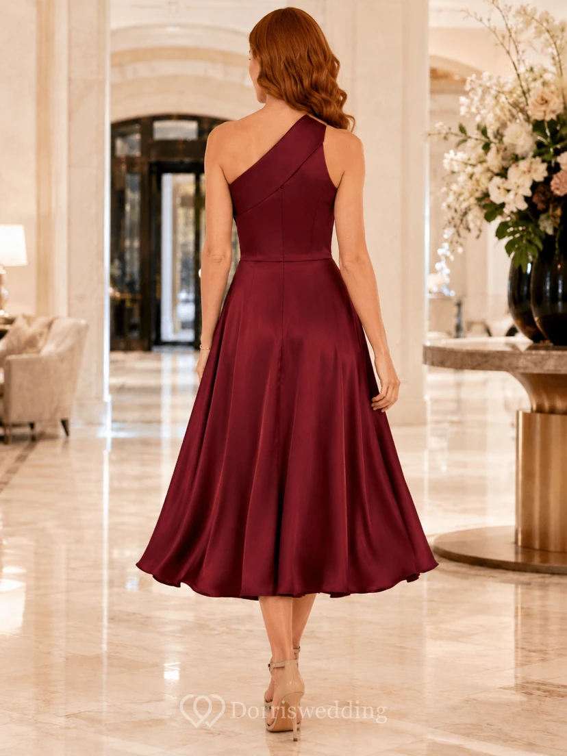 Claret One-Shoulder Satin A-Line Tea-Length Modern Wedding Guest Dress view 2