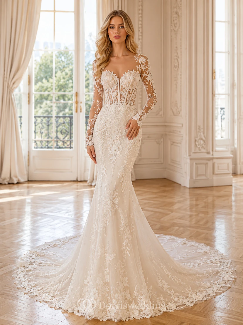 Robe de mariée sirène en pure dentelle, col V, manches longues, traîne chapelle, ornée d'appliqués floraux, style jardin.