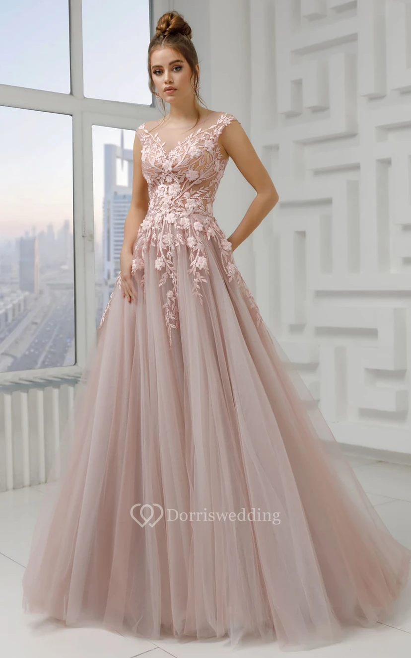 Vestido de fiesta bohemio de encaje y tul con escote en V, largo hasta el suelo y volantes.
