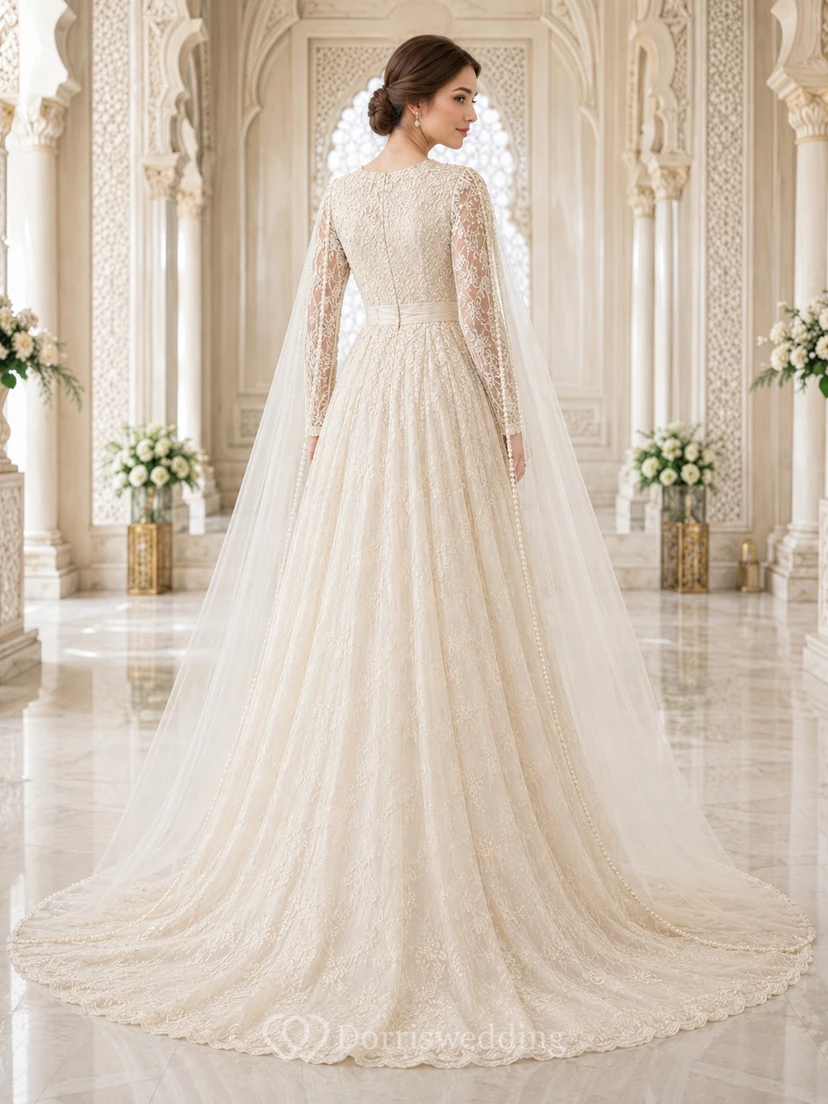 Robe de mariée romantique en dentelle, coupe trapèze, traîne, manches longues et col montant illusion modeste view 2