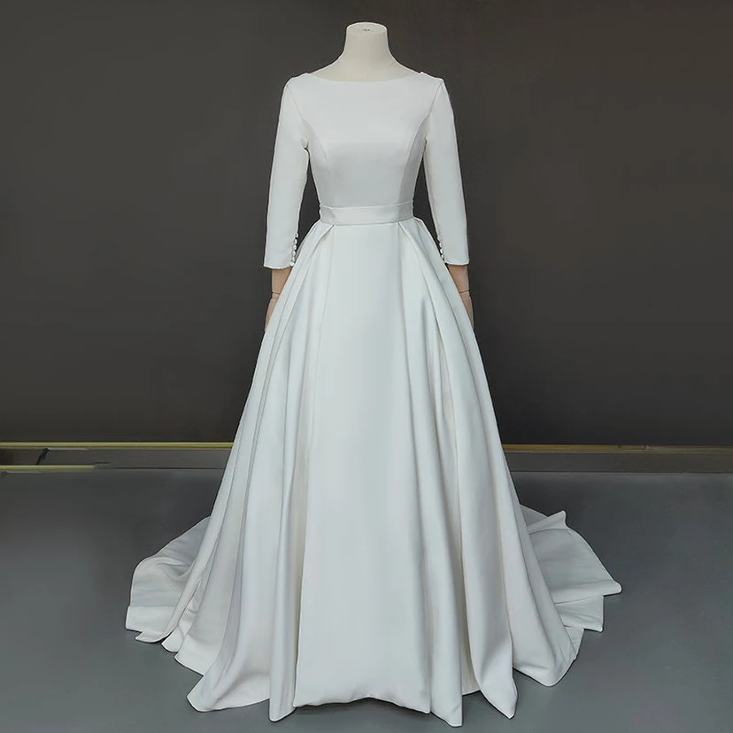 Vestido de novia liso de corte A, manga larga, satén, modesto view 4