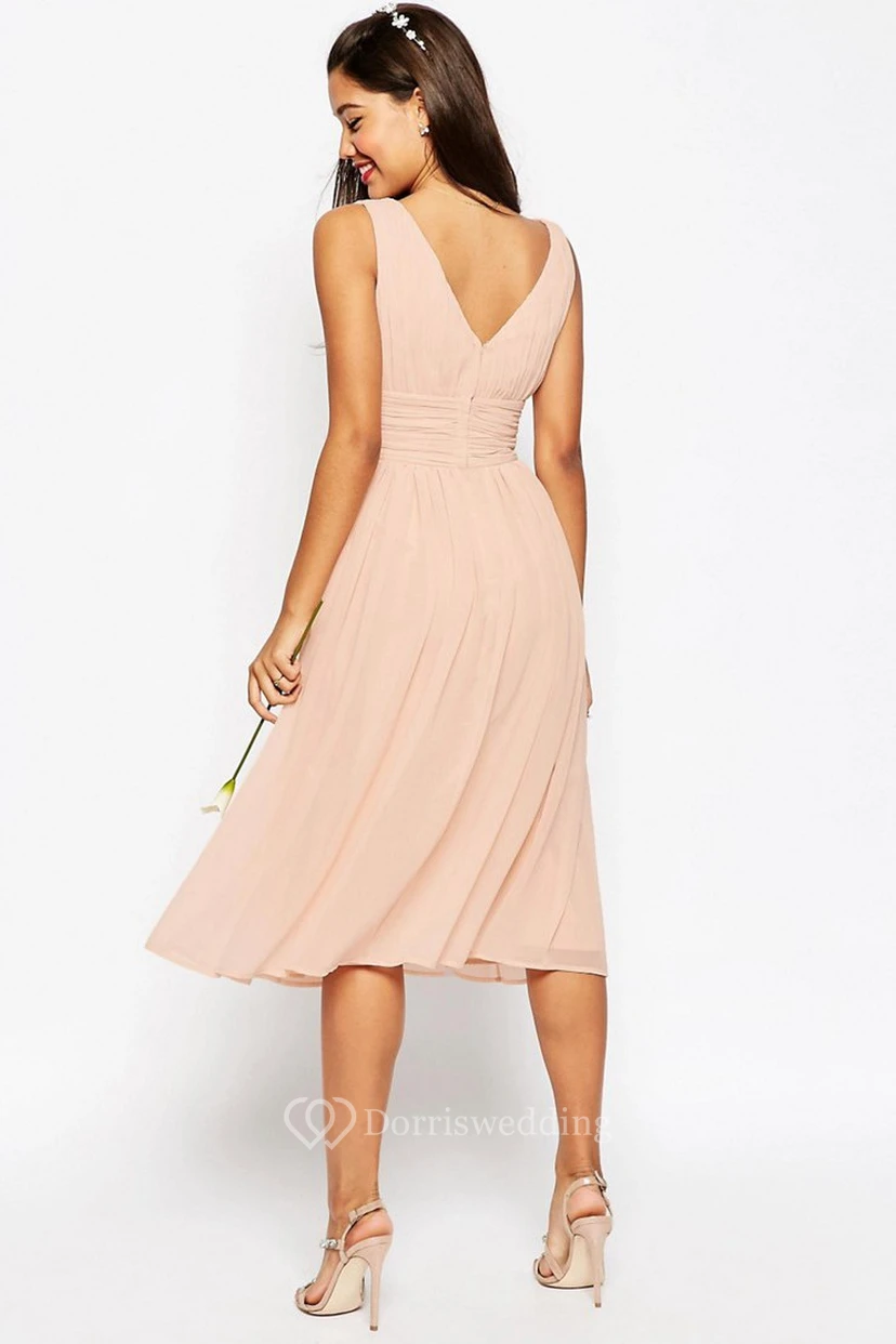 Tea-Length One-Shoulder Criss-Cross Sleeveless Chiffon Bridesmaid Dress view 2