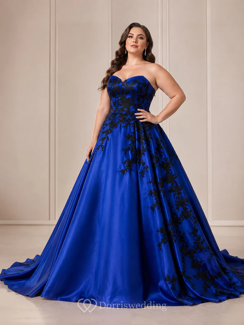 A-Line Floor-Length Sweetheart Appliques Chapel Train Zipper Corset Back Lace Satin Dress view 4