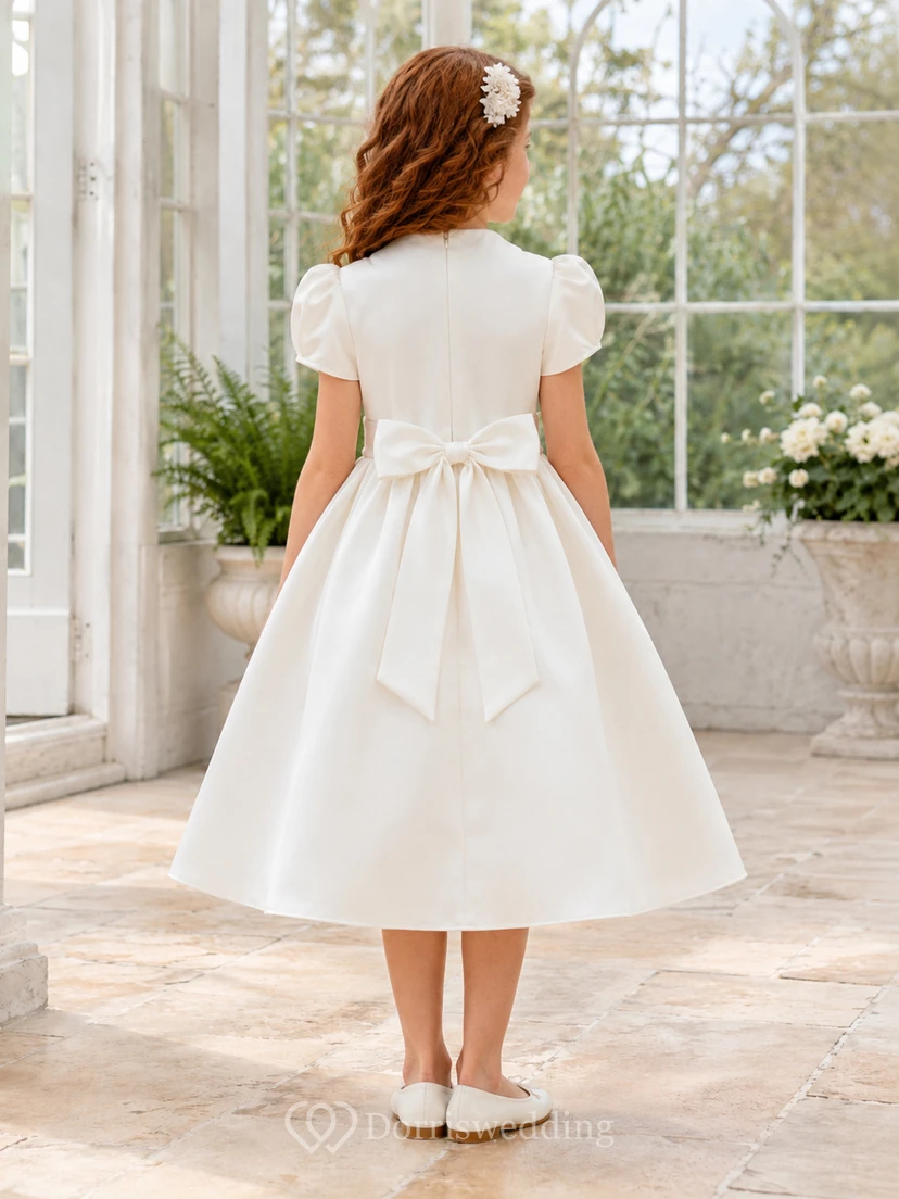 Robe de demoiselle d'honneur en satin à col Claudine et manches bouffantes, avec col bouffant et manches bouffantes. view 2