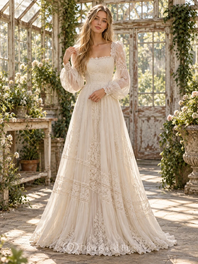 Vintage Square Neck Long Sleeve Panel Lace A-line Wedding Dress