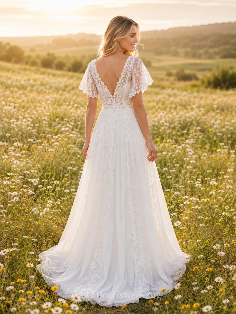Robe de mariée trapèze en dentelle à manches papillon style bohème pour petites filles view 2