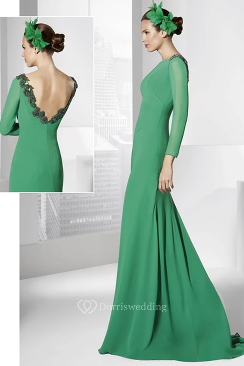 Langes, appliziertes Jersey-Abendkleid mit langen Ärmeln und Rundhalsausschnitt view 2