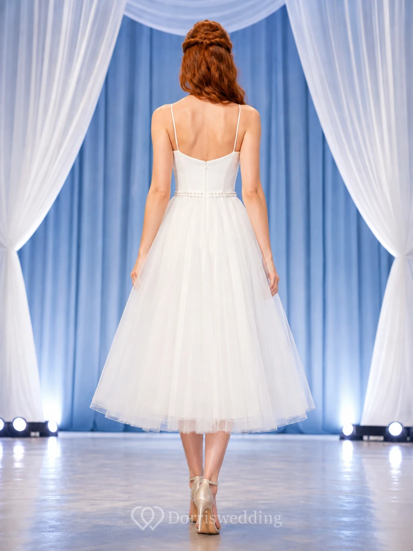 White V Neck Tulle Tea Length Graduation Dress view 2