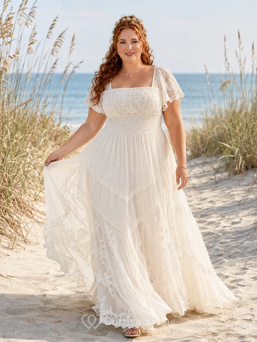 Plus Size Beach Square Neck Short Flutter Sleeve Tiered Lace A-Line Wedding Dress