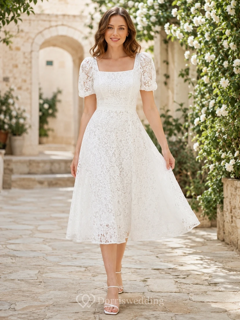 Vintage Tea-Length Lace A-Line Square Neck Short Sleeve Wedding Dress