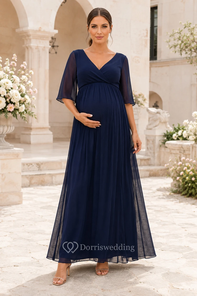 Dunkelblaues Umstandskleid aus Chiffon in A-Linie mit V-Ausschnitt
