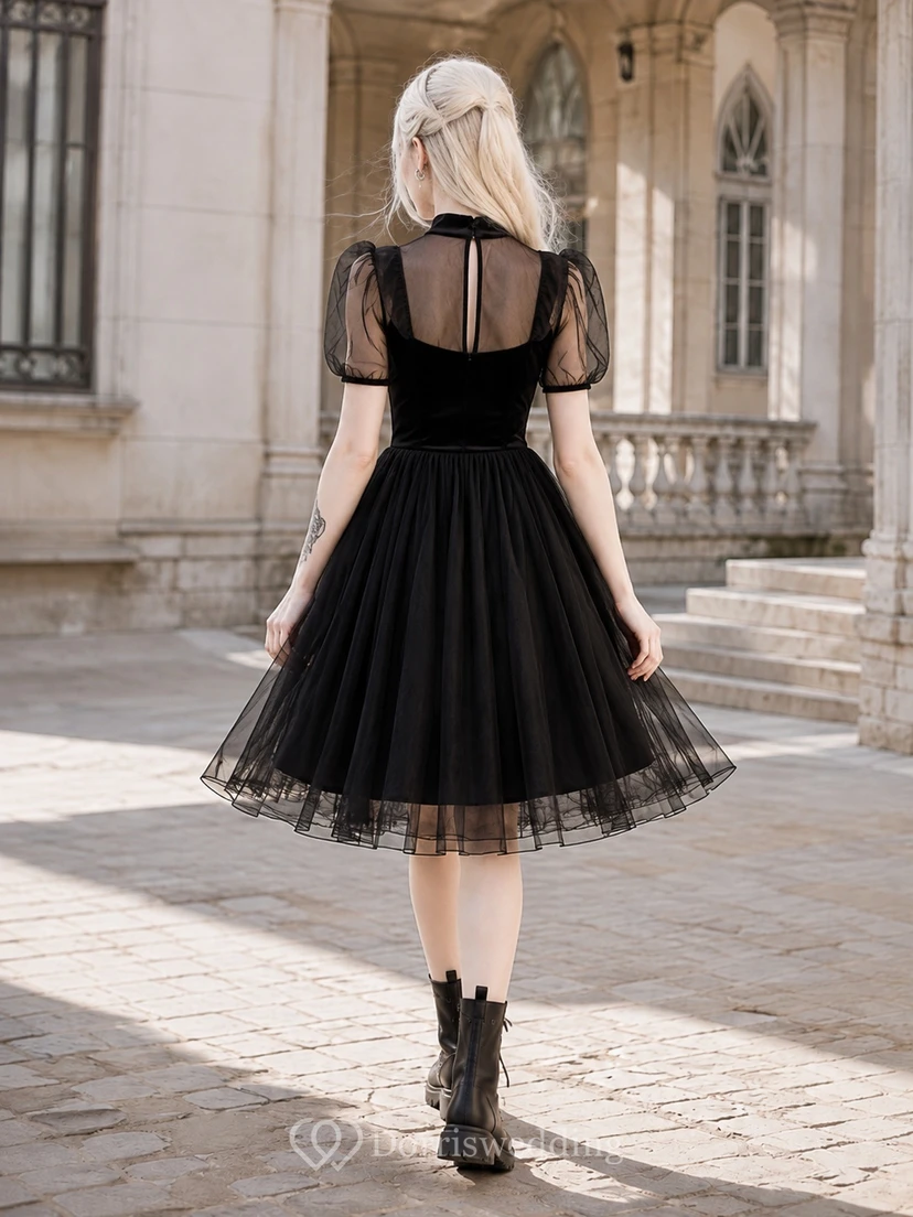 Black Vintage Jewel Neck Puff Sleeve Tulle A-Line Knee-Length Casual Cocktail Dress view 2