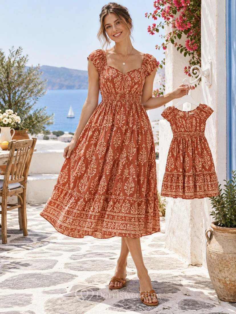 Boho Tea-length Rust Floral Sweetheart Ruffle Sleeve Matching Family Dress