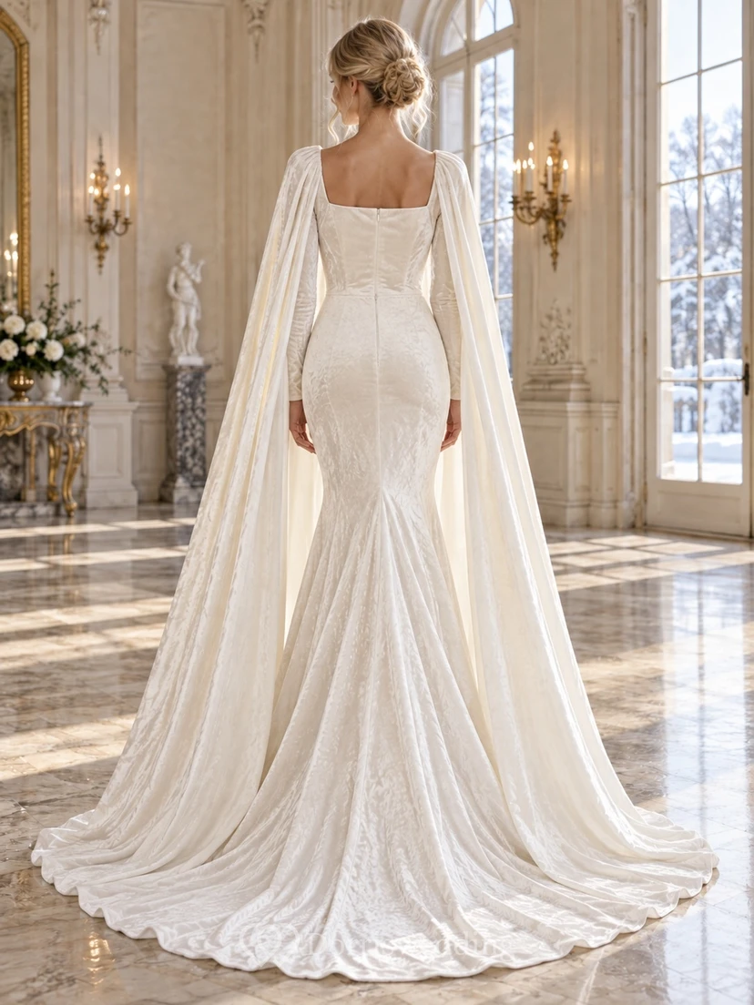 Vestido de novia de invierno con capa de terciopelo liso, manga larga y cuello cuadrado, estilo sirena. view 2