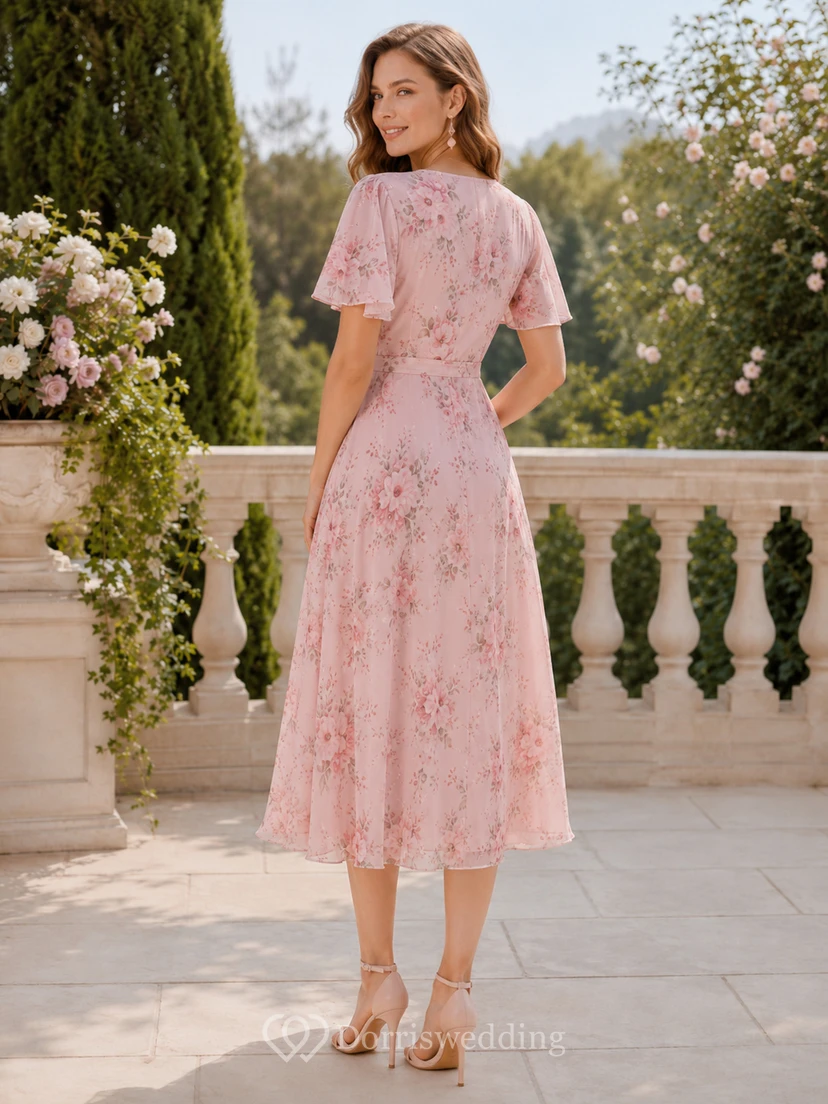 Vestido midi de invitada de boda con escote en V cruzado y mangas con volantes, estampado floral rosa. view 2