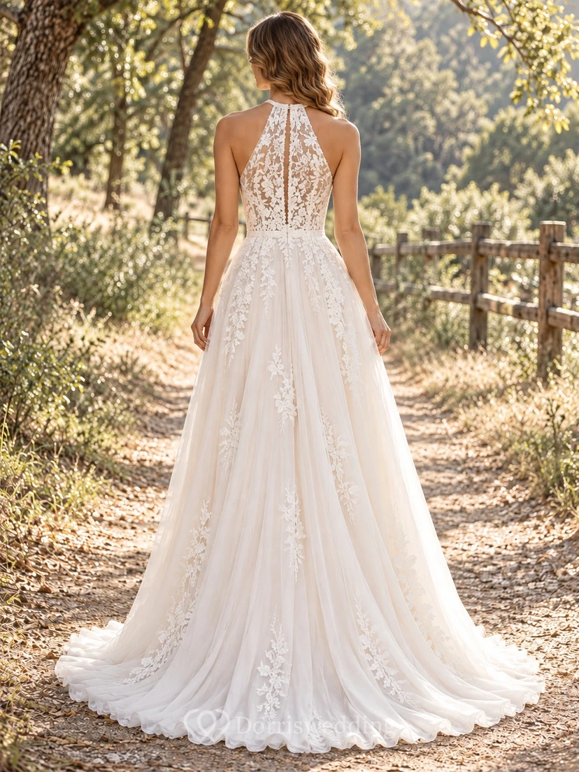 Boho Halter Floral Lace Flowing Chiffon Sleeveless A-line Wedding Dress view 2