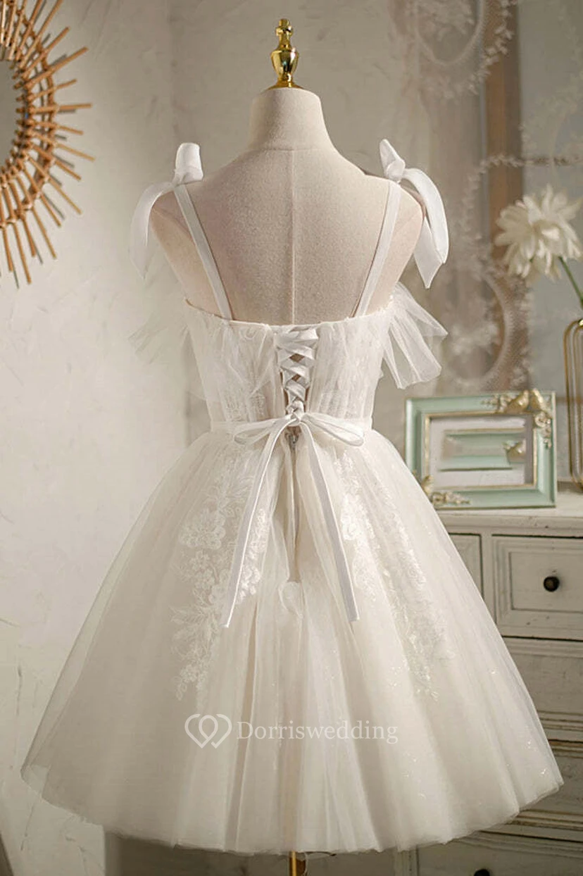 Tulle Adorable A-line Short Illusion Lace Wedding Dress with Bows view 2