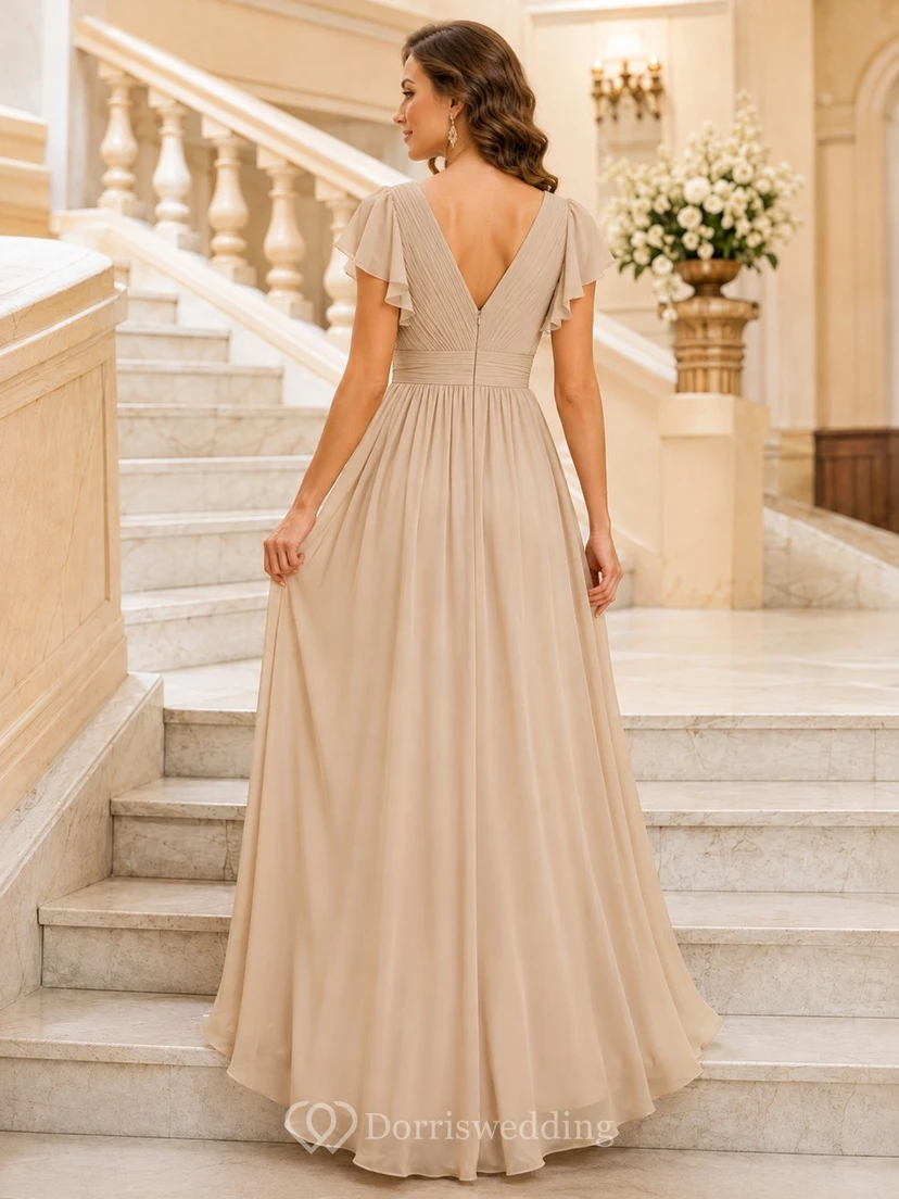 Elegante vestido de noche de gasa color champán con escote en V, manga corta y corte en A view 2
