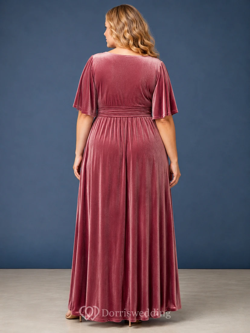 Mauvefarbenes Samt-Maxikleid mit V-Ausschnitt, Empire-Taille und Übergröße view 2