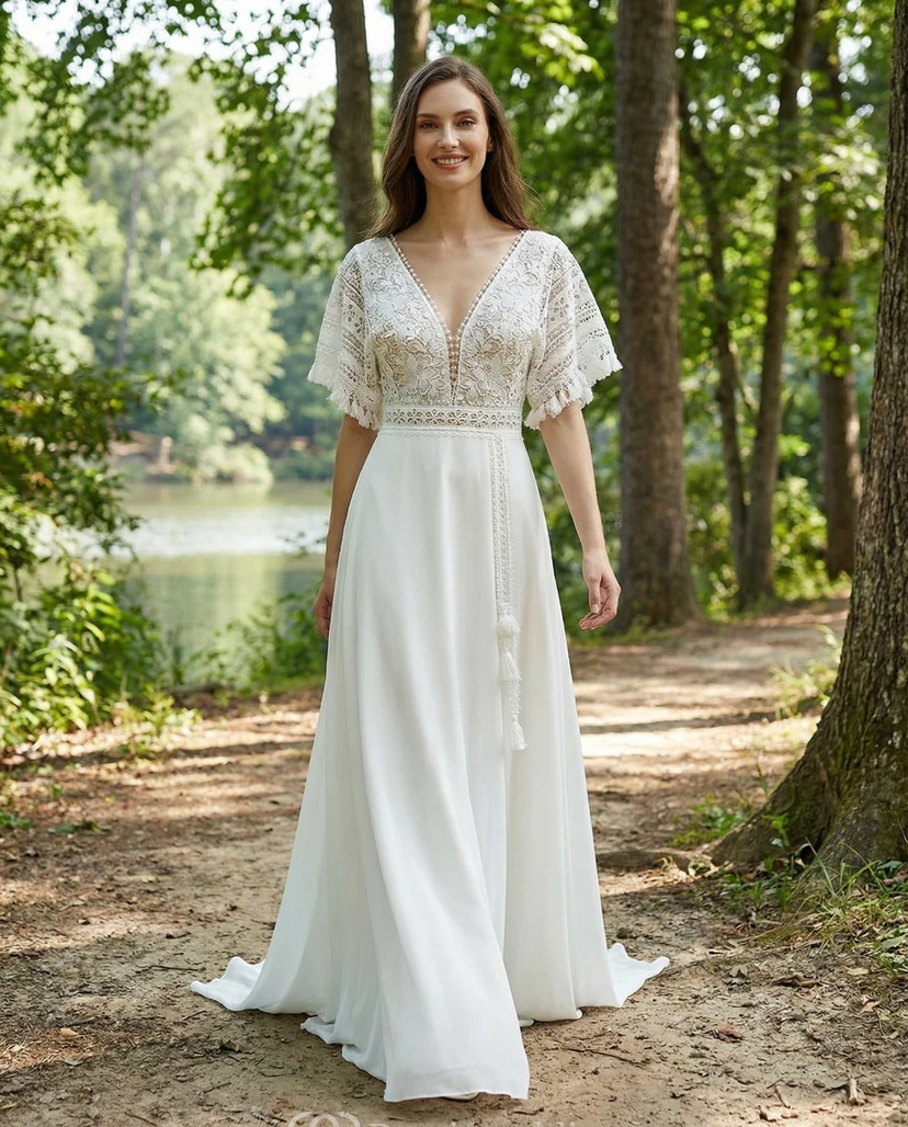 Robe de mariée bohème en mousseline à col en V et cape