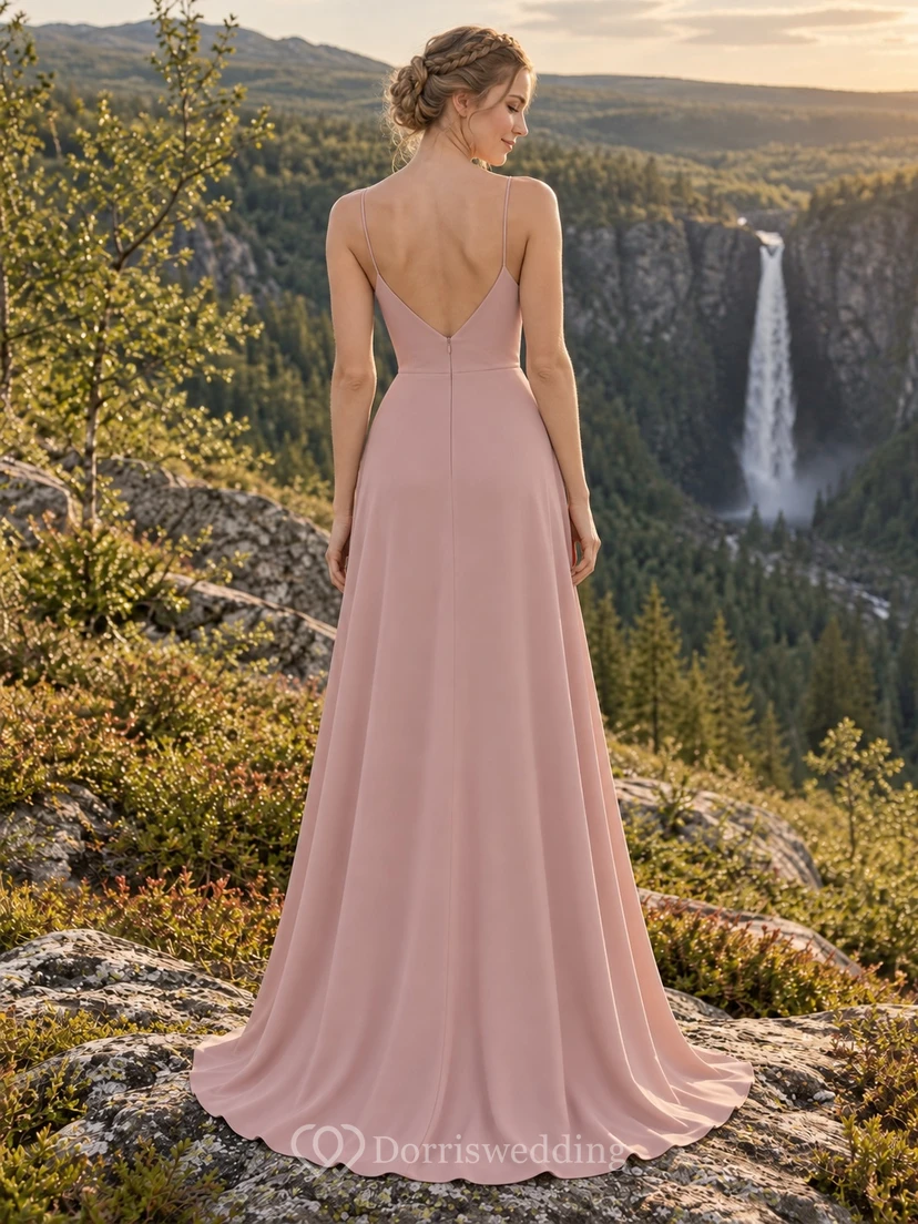 Sencillo vestido de novia de crepé color rosa empolvado, corte en A, escote en V y finos tirantes. view 2
