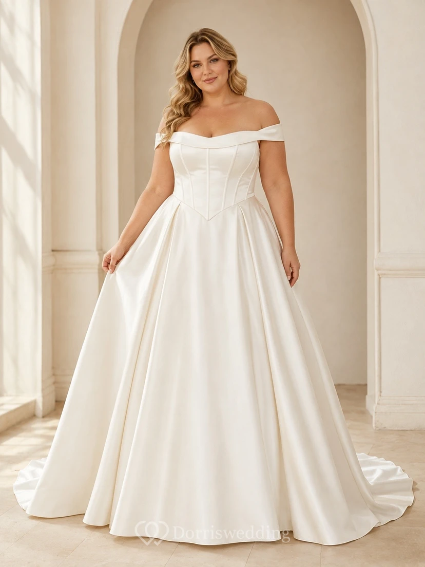 Vestido de novia de satén de talla grande con hombros descubiertos y cintura tipo vasco.