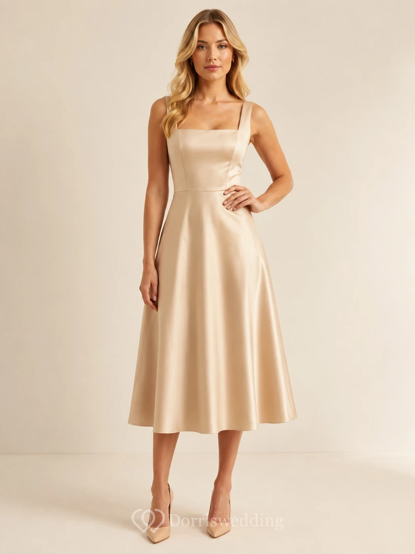 Champagnerfarbenes, schlichtes A-Linien-Midikleid aus Satin mit quadratischen Trägern