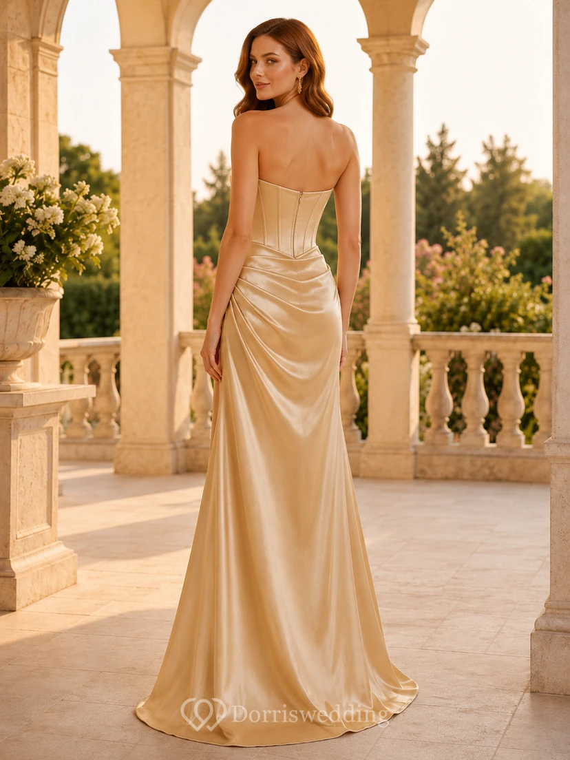 Champagne Strapless Corset Ruched Formal Dress view 2
