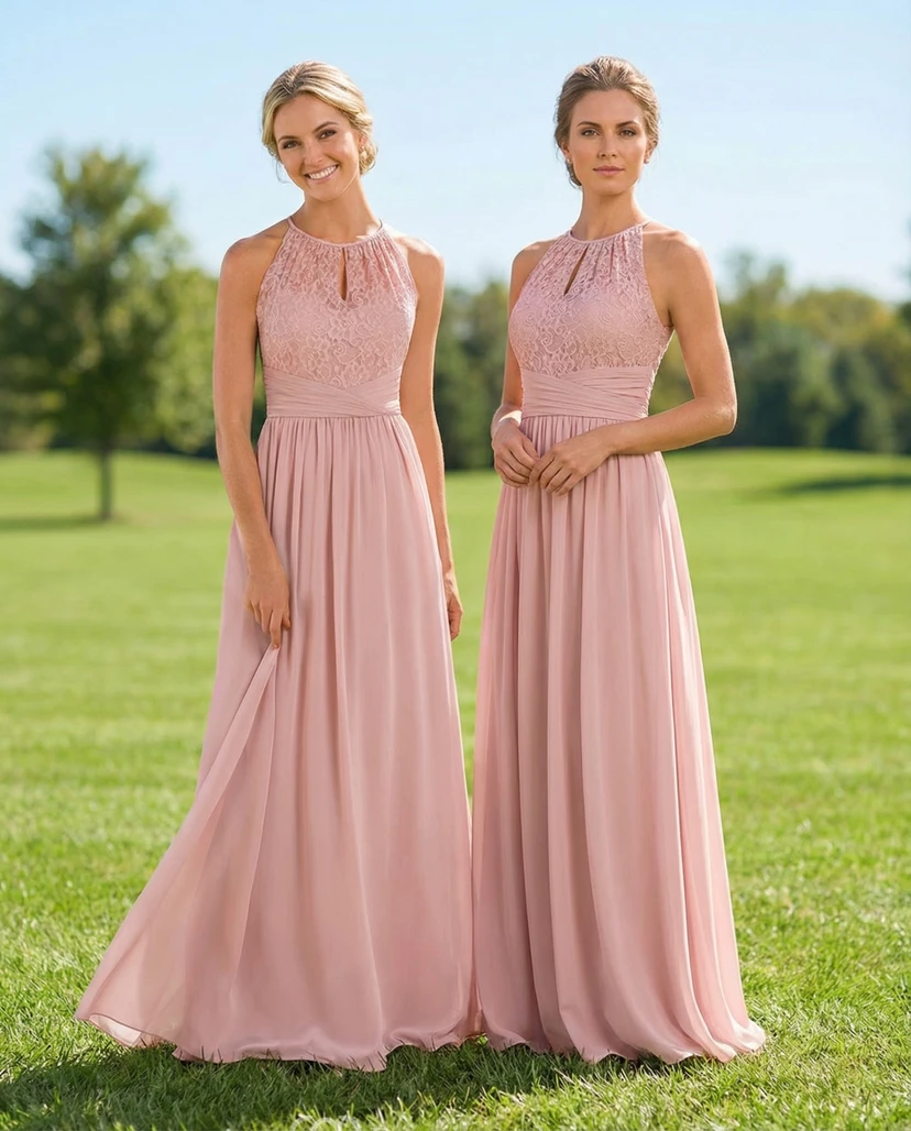 High-Neck Lace Detail A-Line Bridesmaid Gown