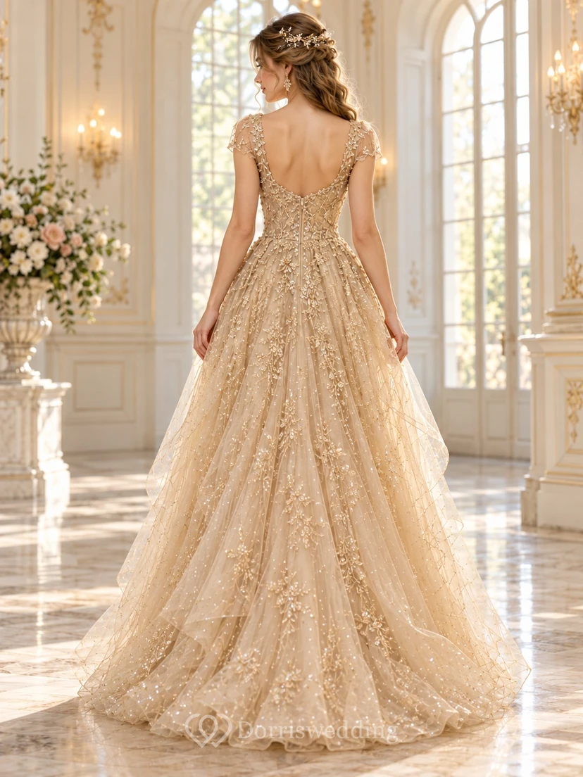 Robe de soirée longue en tulle superposé ornée de détails dorés féeriques et de manches courtes view 2