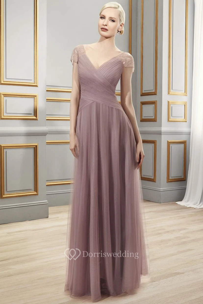 A-Linien-Abendkleid aus Tüll mit kurzen Ärmeln, V-Ausschnitt, Raffungen, bodenlang, mit Illusionsrücken und Falten