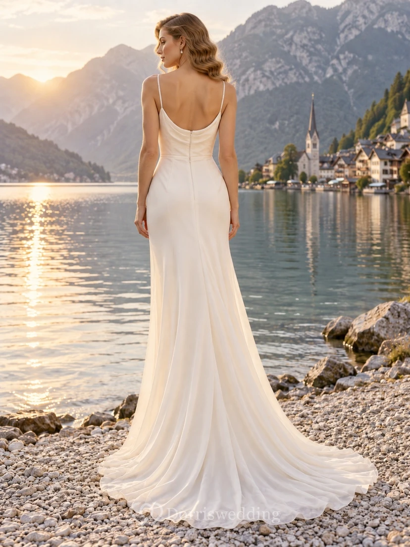 Vestido de novia sencillo de gasa satinada con escote drapeado, sin mangas y cola fruncida. view 2