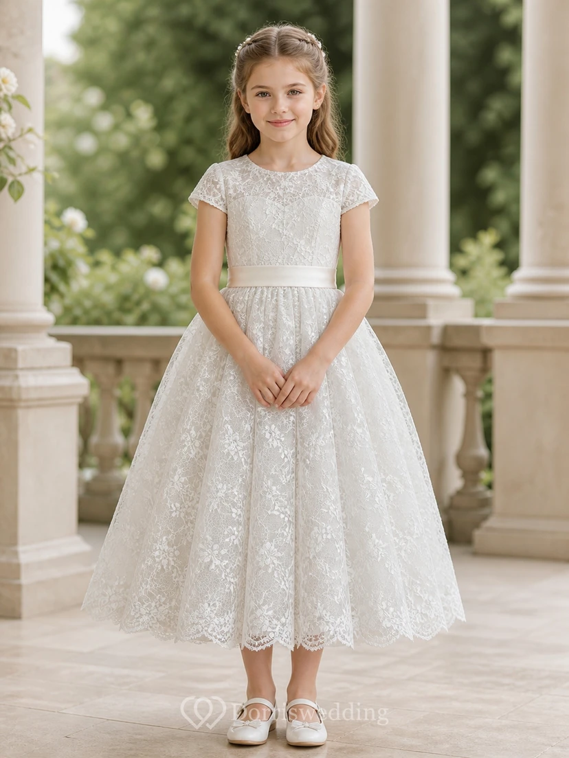 Vintage Tea-length A-Line Jewel Short Sleeve Full Lace Flowergirl Dress