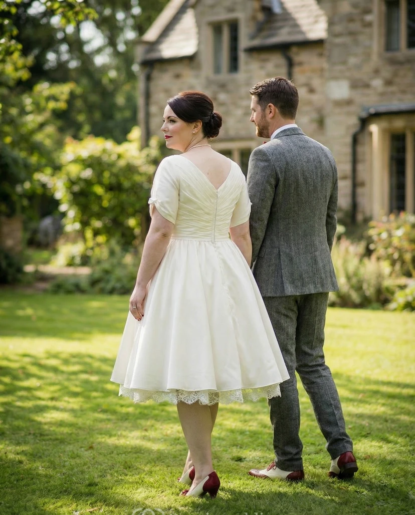 Tea-Length Pleated Satin Plus Size Wedding Dress view 2