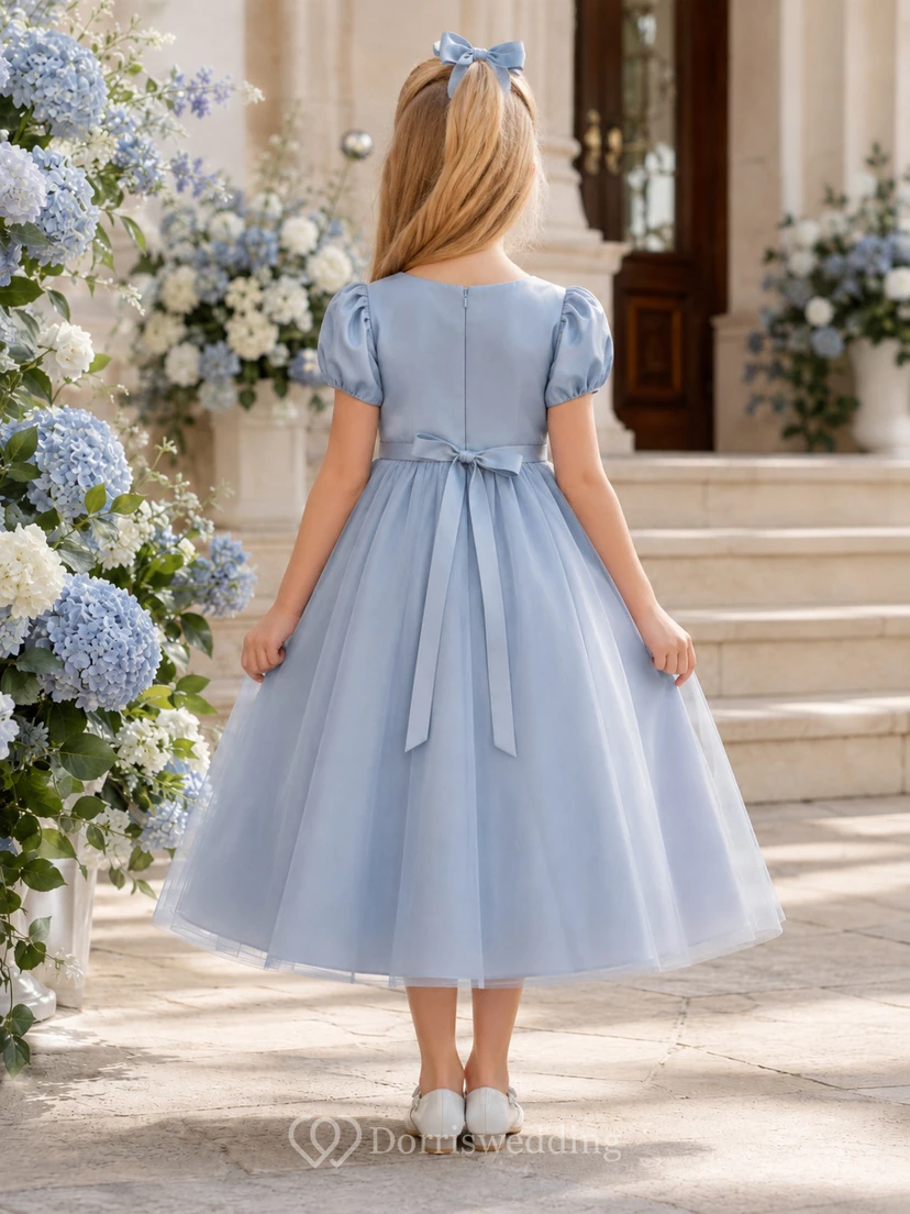 Flower Girl Dress Steel Blue Tulle A-Line Puff Sleeve Jewel Neck Tea Length Bow Detail view 2