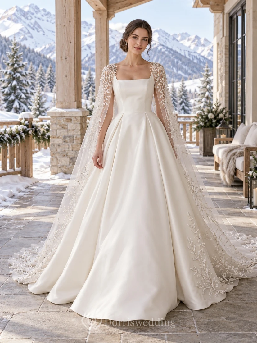 Vestido de novia de corte A de satén transparente con cuello cuadrado, sin mangas, bordado floral y capa, ideal para invierno.