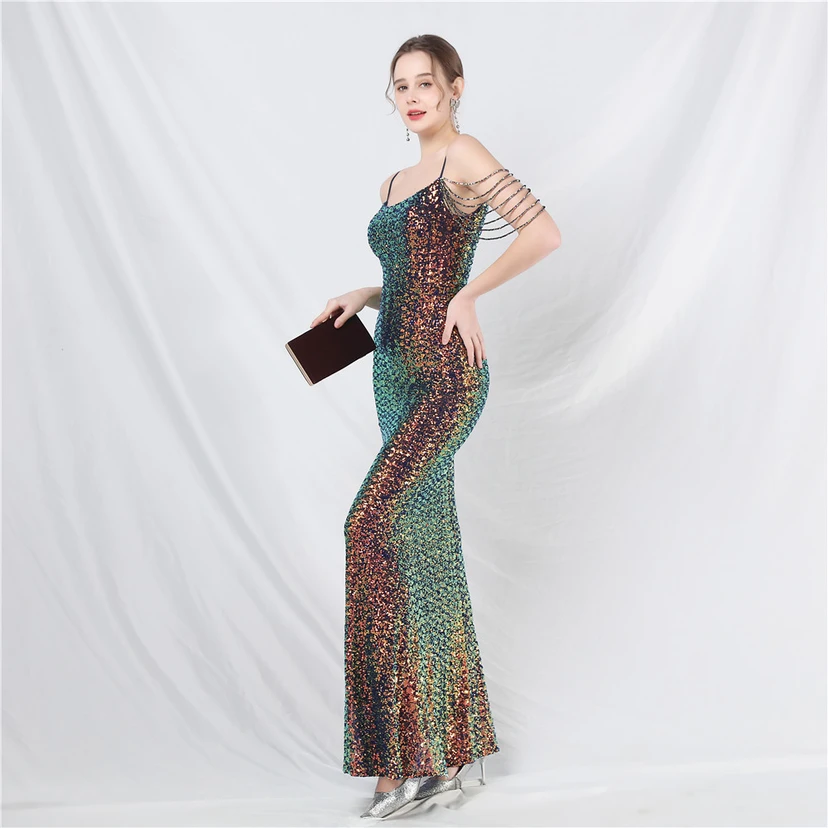 Robe de soirée longue à sequins et perles fantaisie view 13