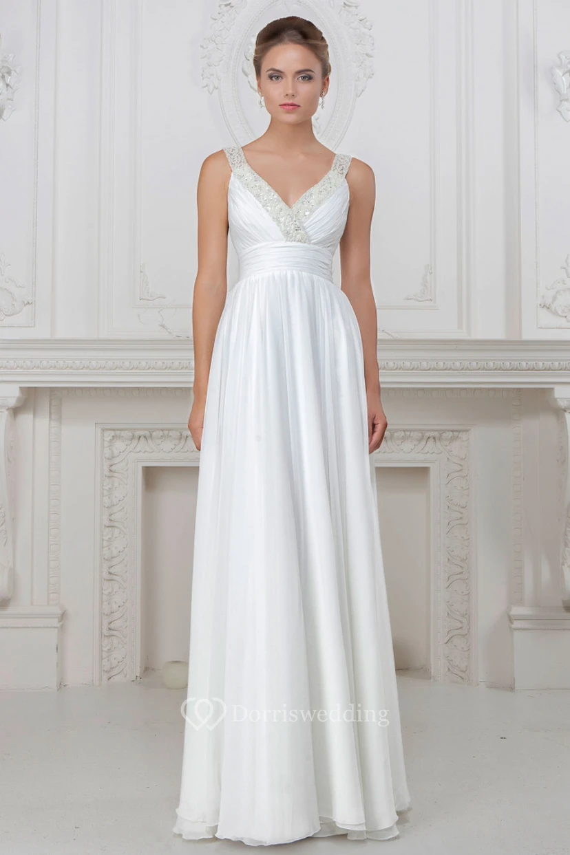 Sheath V-Neck Floor-Length Sleeveless Ruched Satin Wedding Dress With Beading view 4
