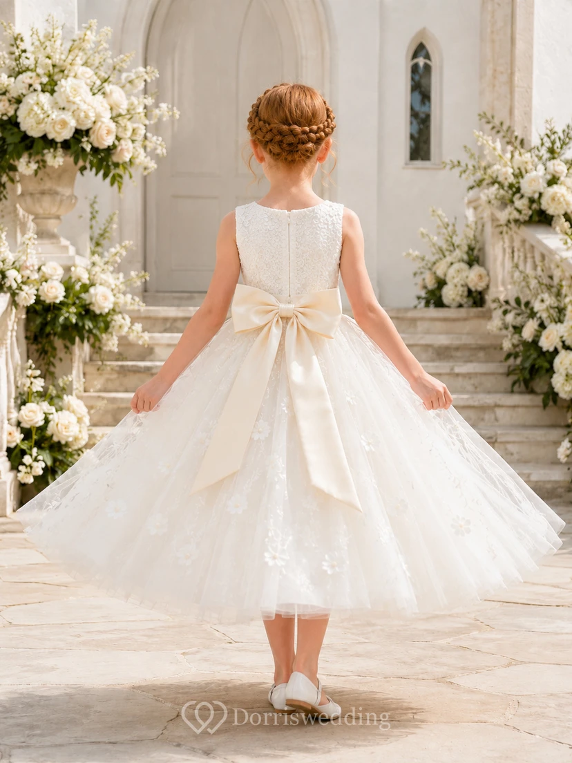 Flower Girl Dress Ivory Lace Tulle A-Line Scoop Neck Tea Length view 2
