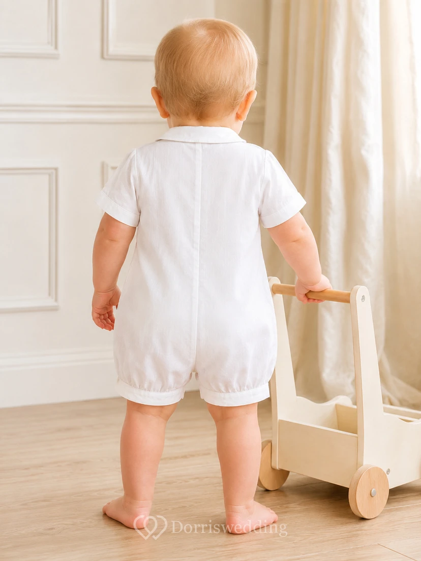 Weißer, kurzärmeliger Leinen-Baby-Strampler mit Biesen, LDS-Stil, Baby-Segens-Höschen, Baby-Segnung view 2