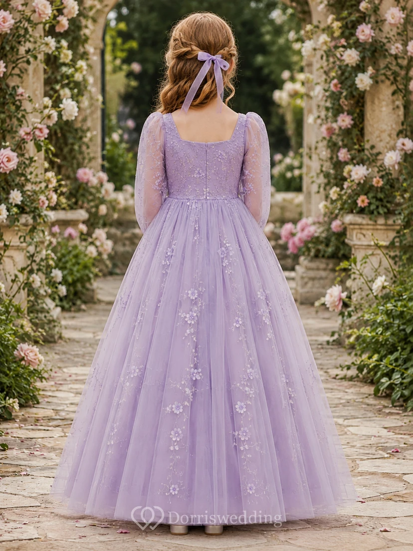 Lavender Tulle A-Line Flower Girl Dress with Short Sleeves, Jewel Neck, Tea-Length Skirt and Bow Detail view 2