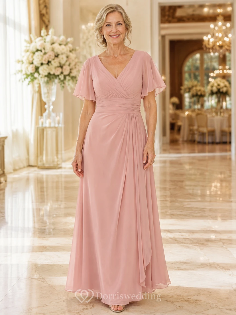 Rosafarbenes, festliches Chiffon-Abendkleid im Großmutter-Stil mit V-Ausschnitt und flatternden Ärmeln
