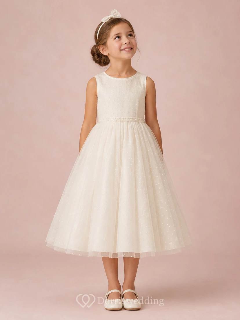 Vestido de niña de flores de tul color marfil con corte en A, sin mangas, escote joya y falda a la altura de la rodilla con pliegues suaves.