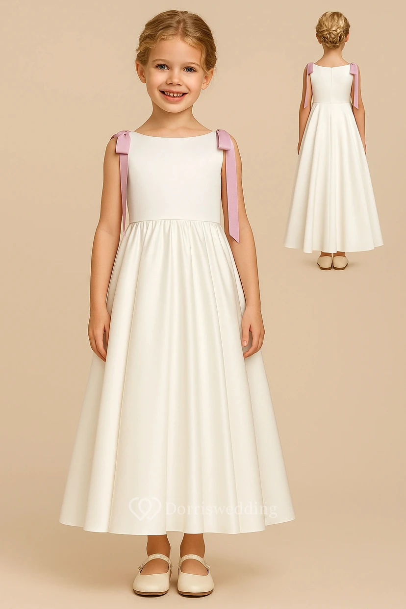 Scoop-neck Sleeveless White Ankle-length Dress with Bow